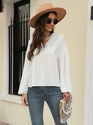 Autumn Winter Solid Color Pullover Lantern Sleeve Chiffon Shirt Top