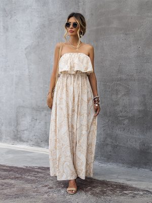 Popular Summer Apricot Ruffled Tube Top High Waist Dress