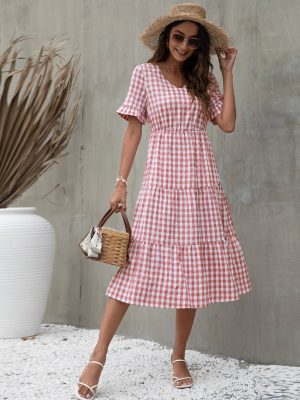 Summer Plaid Printed Dress Ruffle Sleeve Large Swing Casual Dress