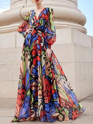 Women Printed V neck Design Niche Chiffon Dress Maxi Dress