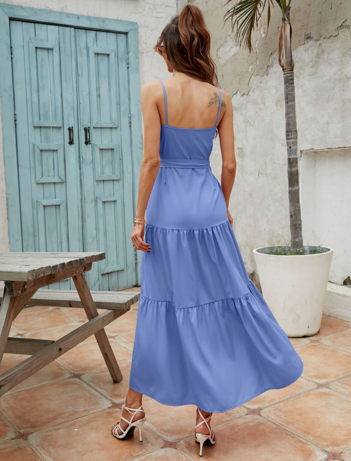 Solid Color Sling Row Waist Closing Dress - Image 2