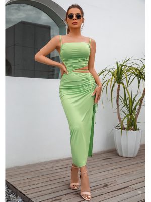 Women Clothing  Summer Sexy Sleeveless Split Midi Dress Milk Silk Maxi Dress Women