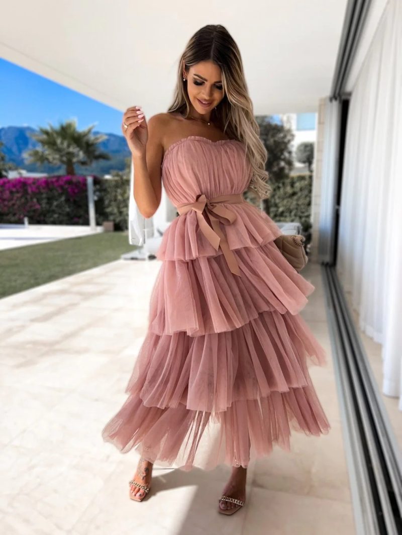 Mesh Elegant Bandeau Sexy Dress Cake Layer Dress - Image 3