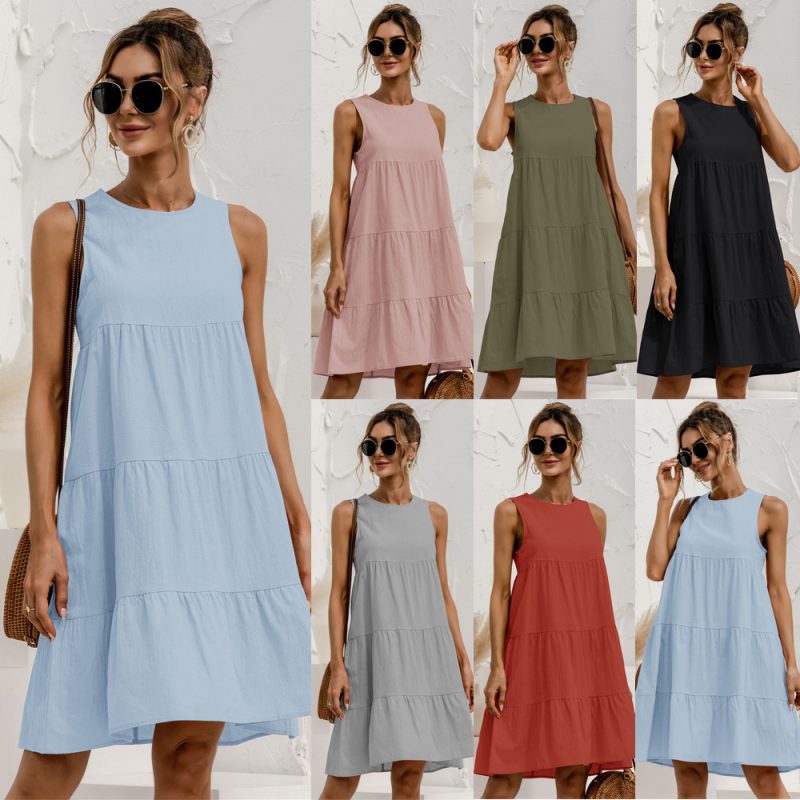 Spring Summer round Neck Sleeveless Stitching Loose Big Hem Vest Dress - Image 5