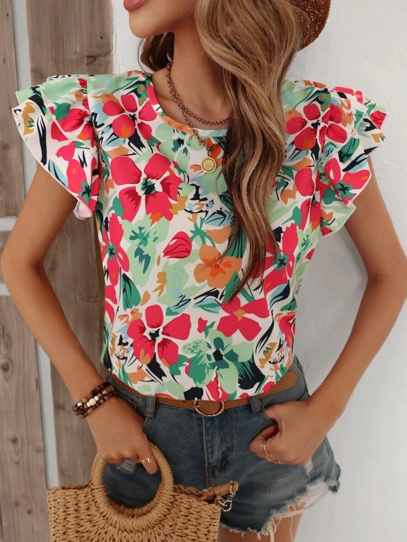 Women Clothing Summer Floral Print Double Layer Flying Short Sleeve Shirt Women - Image 3