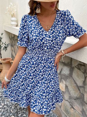 Arrival Summer Retro Short Women Wear Floral V-neck Slim Dress