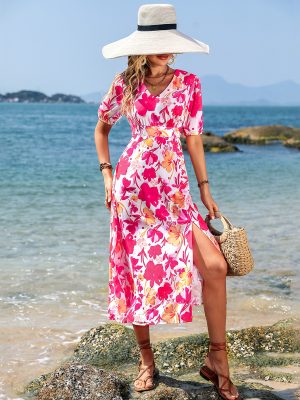 Designed Printed V neck High Waist Short Sleeve Vacation Casual Slit Mid Length Dress