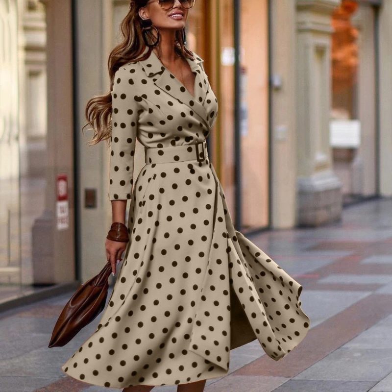 Women  Fashionable Polka Dot Print Suit Collar Large Swing Dress - Image 2