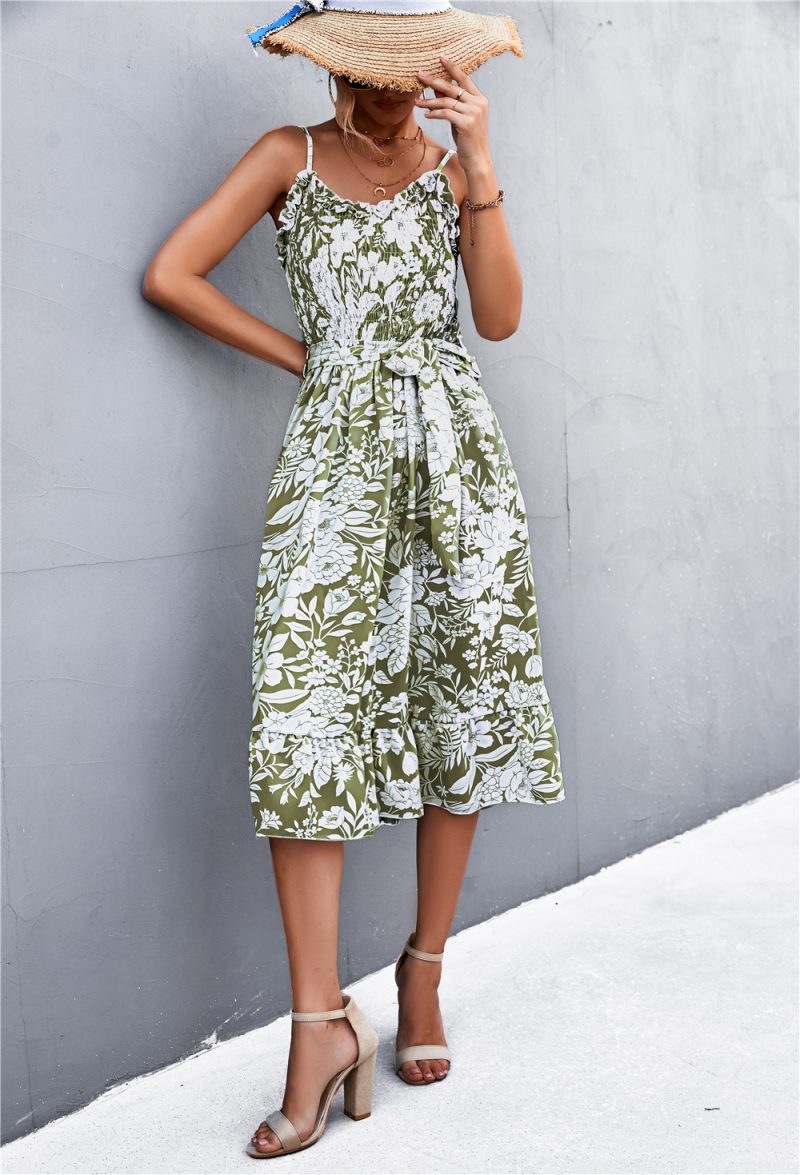 Spring Summer Ruffled Strap Printing Smocking Strap Dress - Image 4