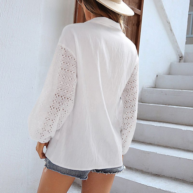 Independent Real Shot Design Spring Summer Solid Color Shirt Splicing Lace Top Women - Image 4