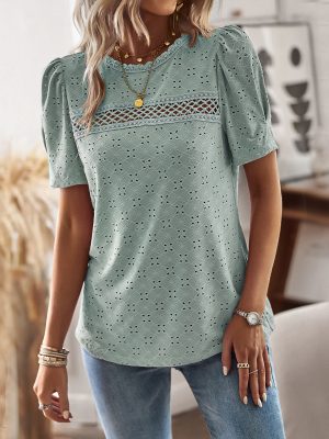 Round Neck Patchwork Top Spring Summer Casual T shirt