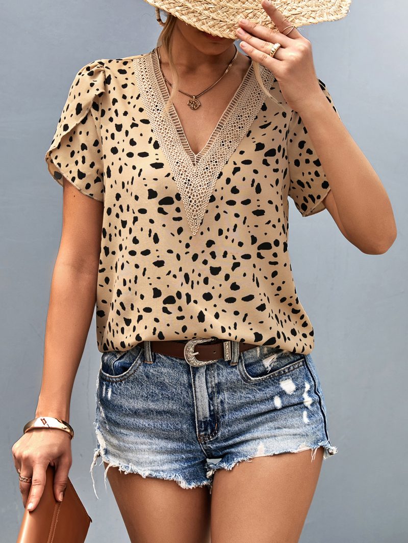 Women Clothing V neck Lace Printed Shirt - Image 2