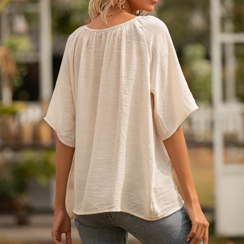 Women Clothing Button Square Collar Loose Short Sleeve Shirt Top Women - Image 3