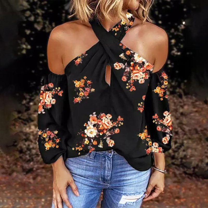 Summer Printed Long Sleeve Halter Sexy Backless Loose Top Women - Image 2