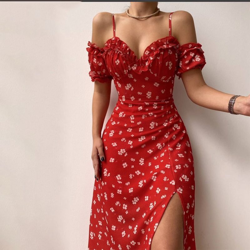 Summer Women0 Clothes Sexy V-neck Floral French Strap Dress - Image 2