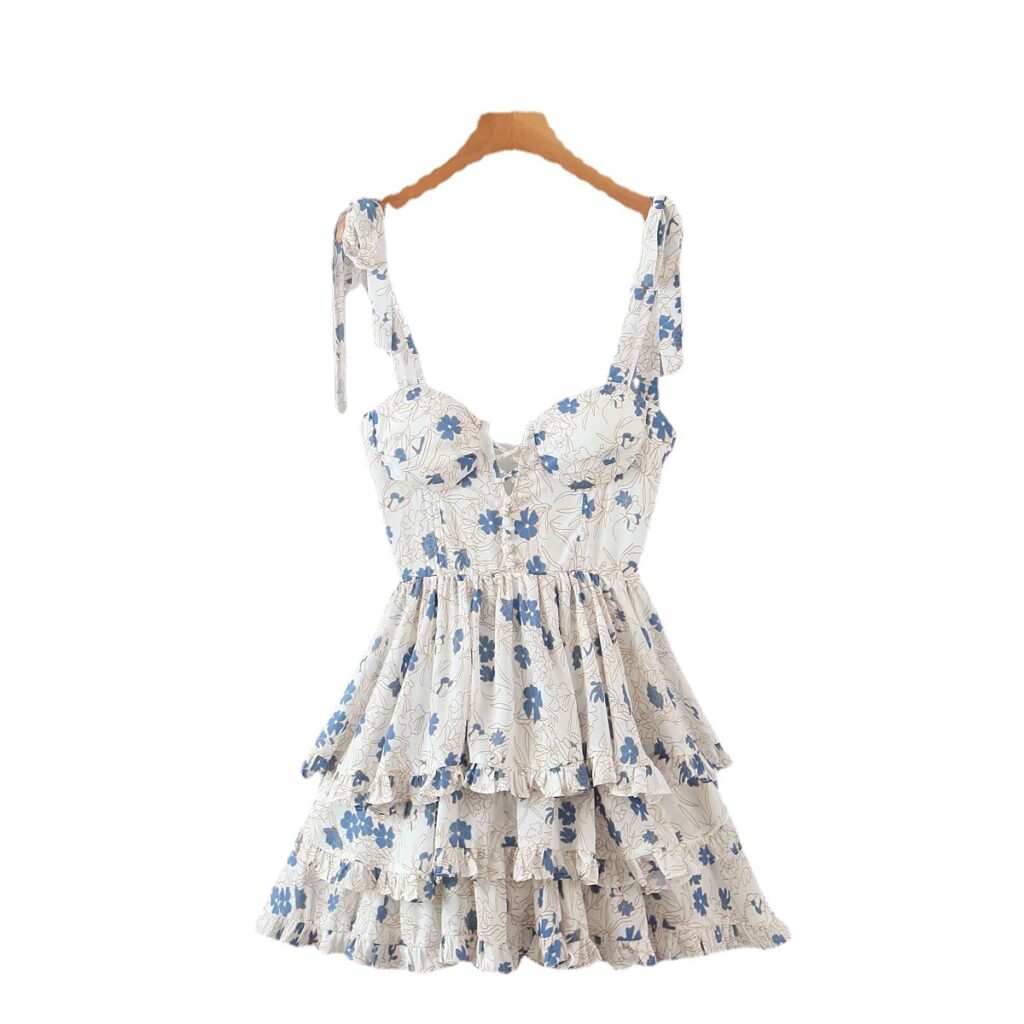 Sundress Seaside Vacation Printed Tied Spaghetti-Strap Wooden Ear Tiered Layered Dress for Women - Image 5