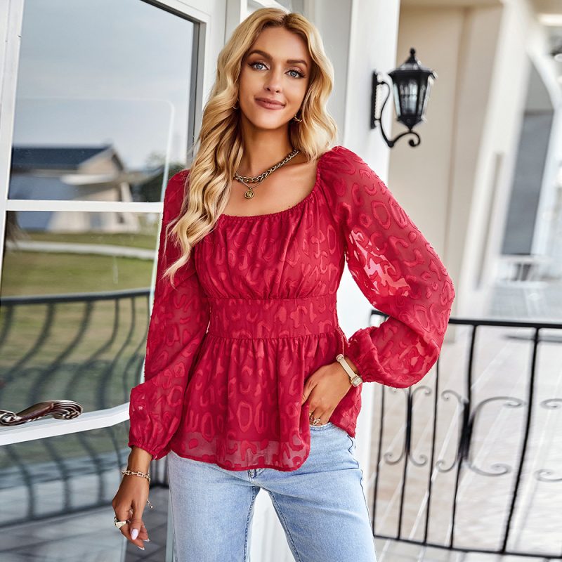 French Square Collar Fashion Women Wear Spring Autumn Four Seasons Long Shirt - Image 3