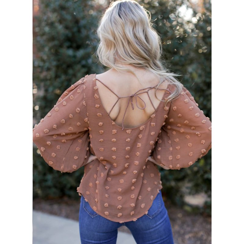 Summer Chiffon Shirt Solid Color round Neck Long Sleeve Chiffon Top - Image 3