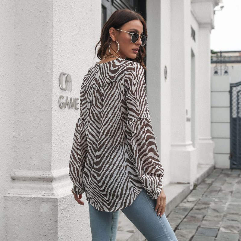 Casual Lantern Sleeve V-neck Lace-up Long-Sleeve Women Top Spring Summer Loose Mid-Length Chiffon Shirt - Image 4