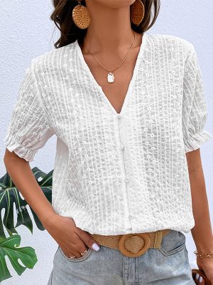 Popular White Summer V neck Lantern Sleeve Special Top Women