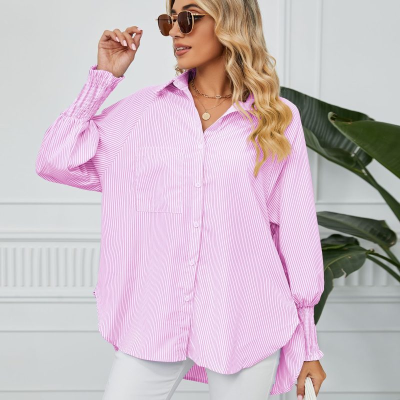 Women Clothing Trade Cuff Pleating Loose Striped Shirt Top
