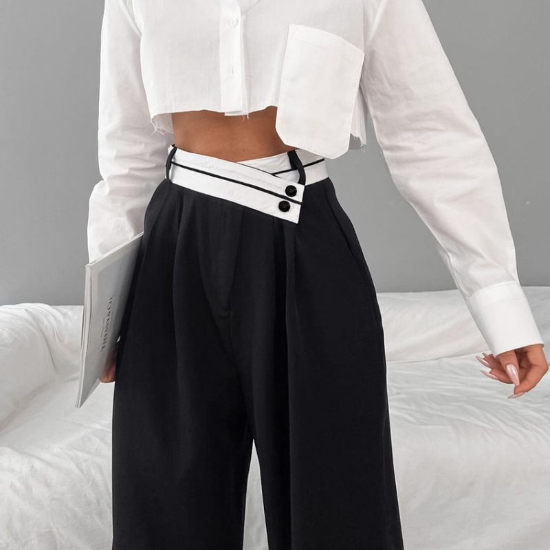Spring Summer Office Contrast Color Work Pant Women  Casual Draping Mopping Pants Wide Leg Pants Design Women  Clothing - Image 4