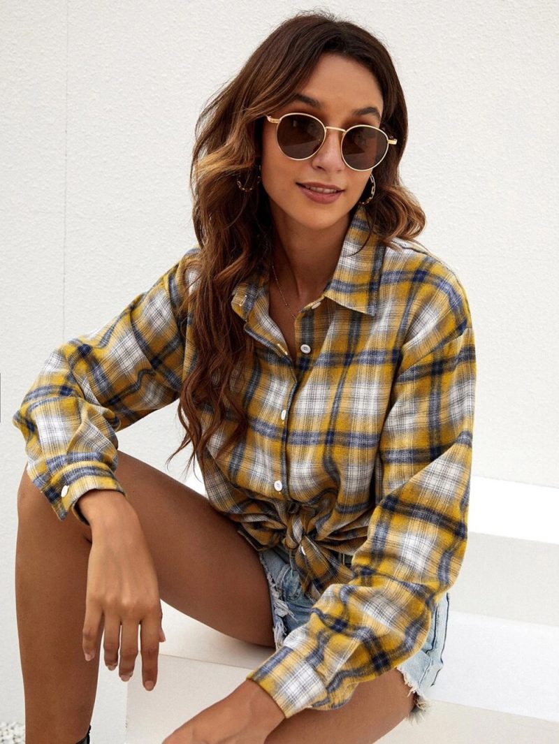 Autumn Office Pullover Collared Loose Women Plaid Shirt - Image 3
