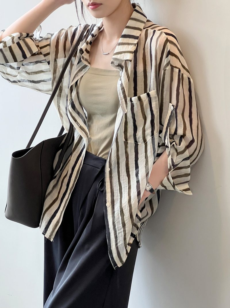 Breathable Stripes Shirt for Women Summer Loose Stylish Long Sleeves Cardigan Shirt - Image 3