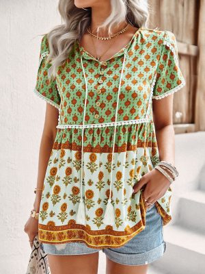 Printed Shirt Women Summer Office V neck Short Sleeve Top