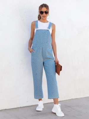 Spring Summer Casual Trendy Women Washed Jacquard Denim Suspender Pants