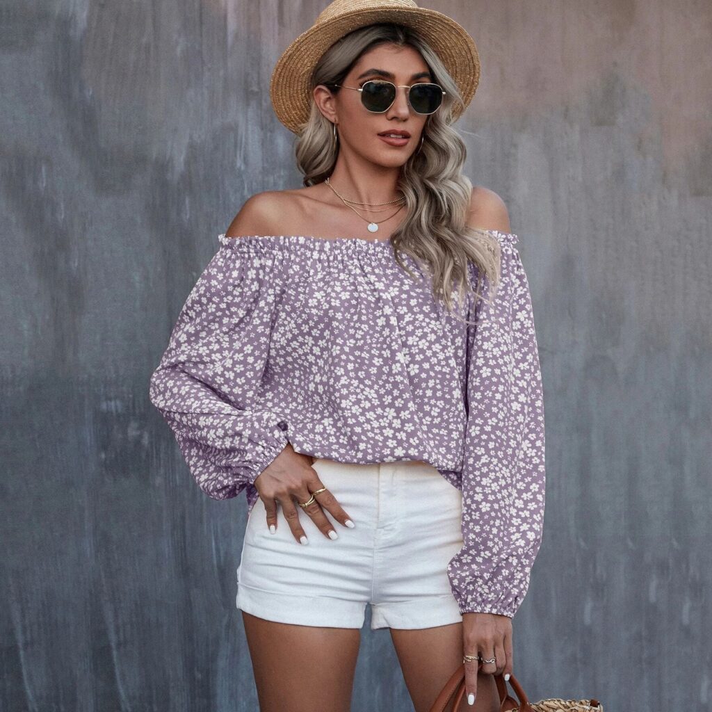 Autumn Winter Women Clothing Sexy off the Shoulder Printed Long Sleeve Loose Top T shirt - Image 2