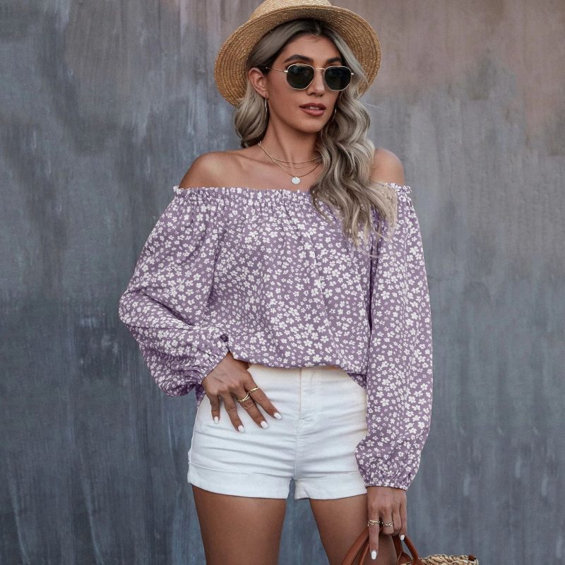 Autumn Winter Women Clothing Sexy off the Shoulder Printed Long Sleeve Loose Top T shirt - Image 2