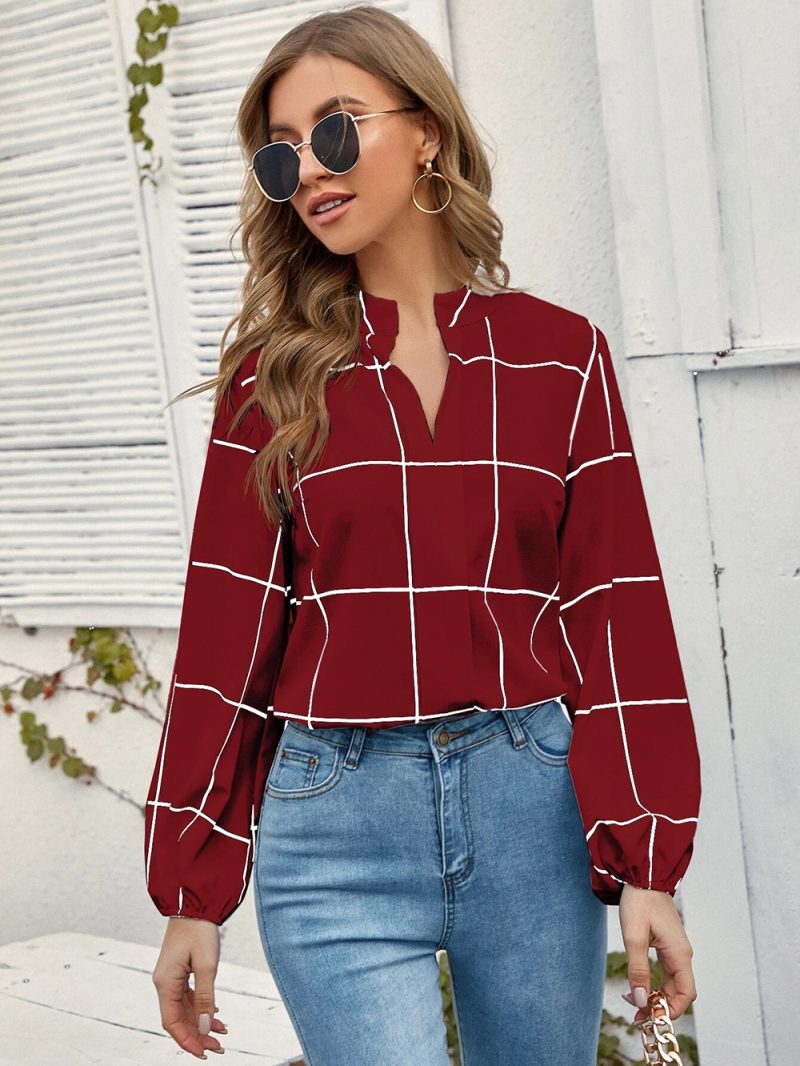 Autumn Elegant Shirt Stand Collar Long Sleeve Plaid Printed Chiffon Women Shirt - Image 2
