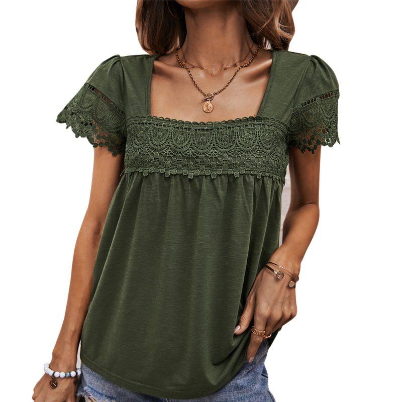 Casual French Square Collar Top Summer Short Sleeve Lace Stitching Women Clothing - Image 5