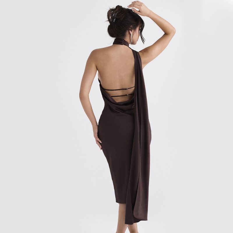Women Clothing Halter off Shoulder Backless Slim Fit Dress Satin Party Dress Dress Women - Image 3
