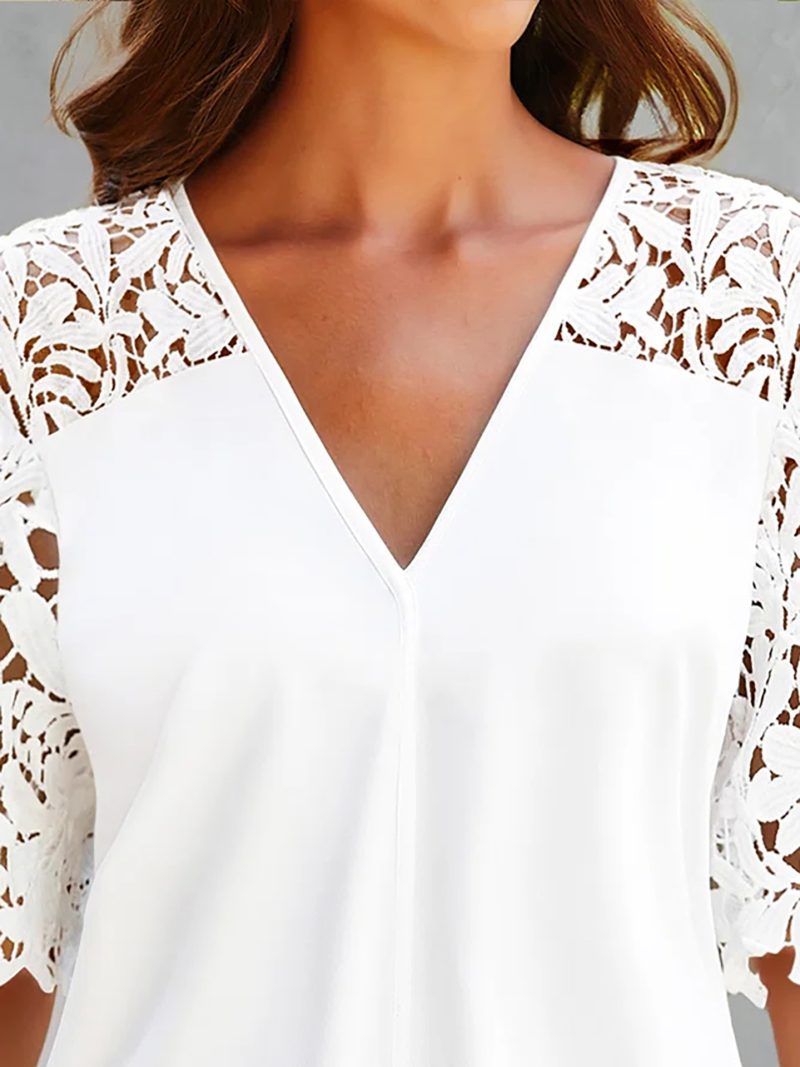Summer V Neck Sexy Lace Cutout Short Sleeved Chiffon Blouse Women Top - Image 3