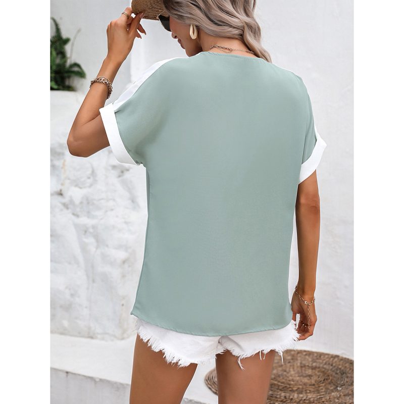 Eaby Shopee Casual Shirt Y Shaped Collar White Green Stitching Short Sleeve Shirt - Image 5
