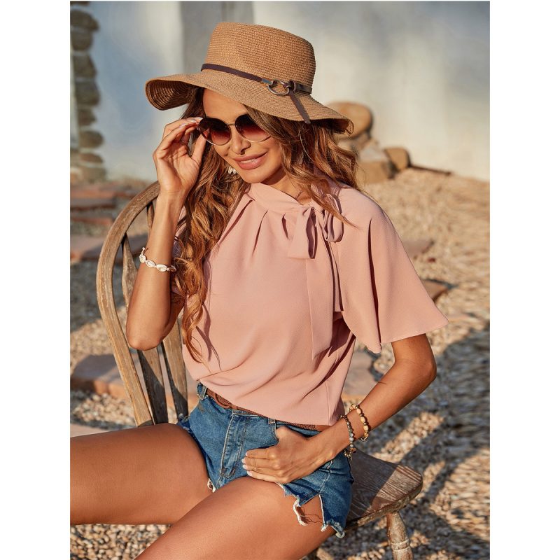 Women Shirt Solid Color Tied Ruffle Sleeve Shirt - Image 2