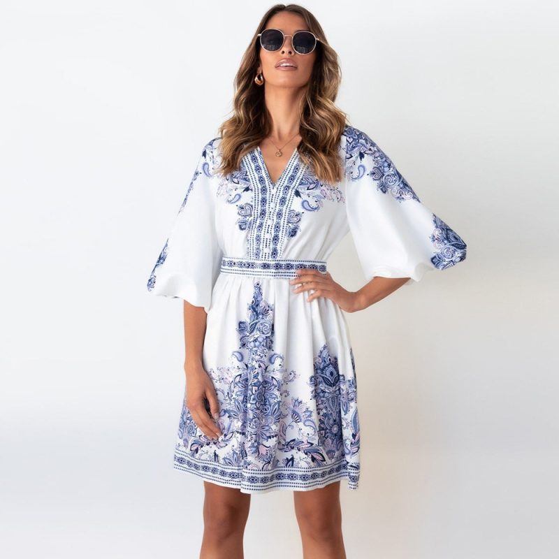 Women Clothing  Lantern Sleeve Summer Retro Printed V-neck Short Dress for - Image 2