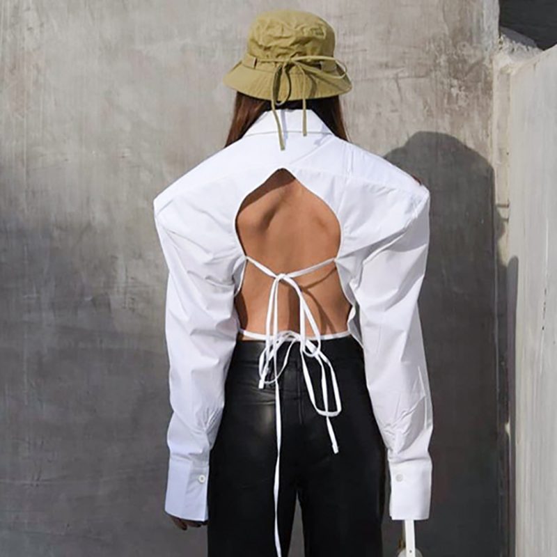 Spring Design Backless Lace up Shirt Shoulder Pad Office Fitted Waist High Waist - Image 3