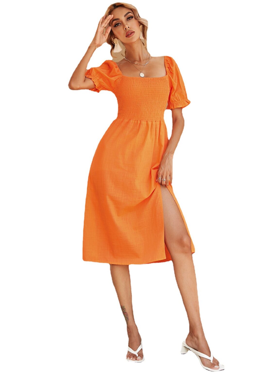 Women Clothing Solid Color Square Collar Top Section Smocking Slit Hemline at Hem Dress - Image 4
