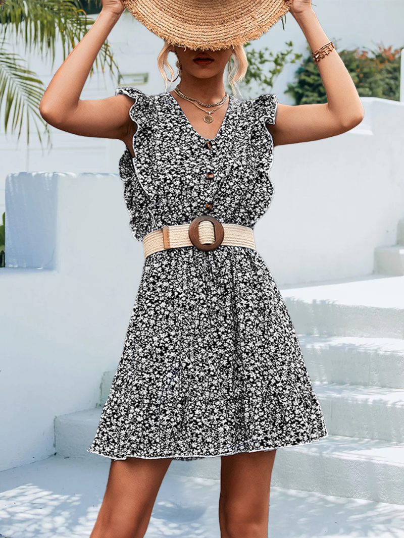 Spring Summer V neck Buttons Ruffle Sleeve Waist Dress Short Dress - Image 3
