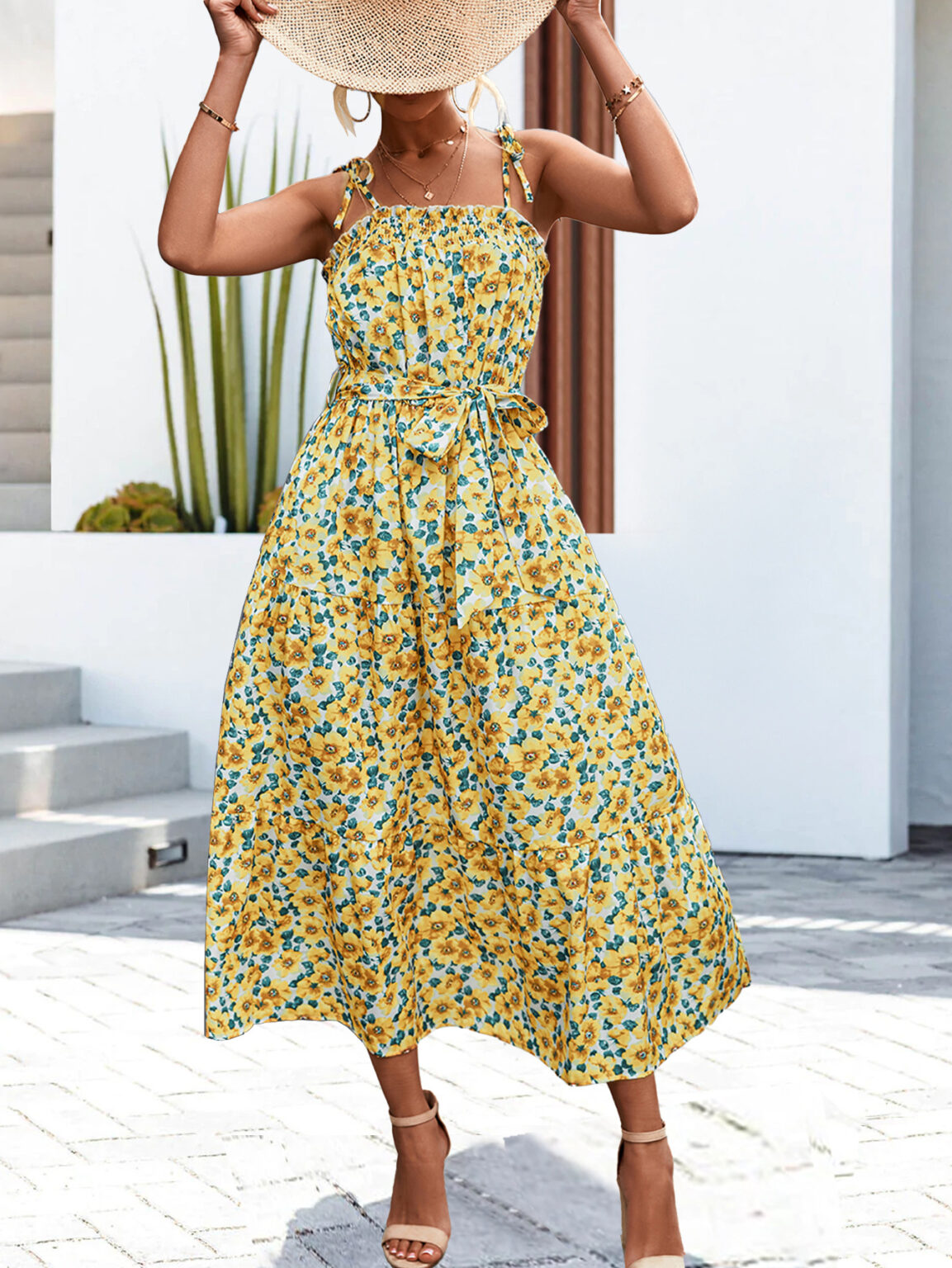Spring Summer Sling Pocket Pleating Floral Mid Length Dress Women - Image 3