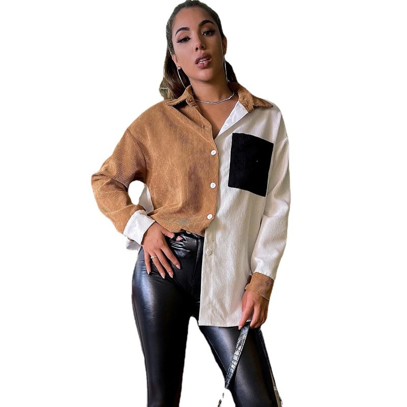 Autumn Winter Long Color Contrast Patchwork Top Pocket Sexy Single-Breasted Long Sleeve Shirt for Women - Image 5