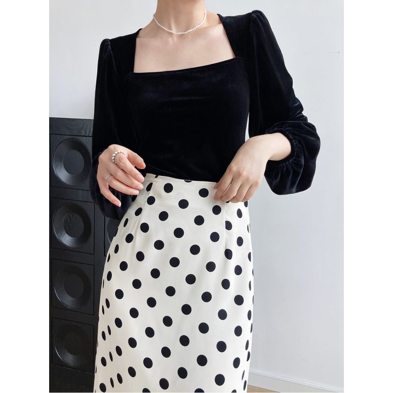 Black Pleuche Square Collar Small Shirt Women Autumn Young Puff Sleeve Shirt off-Shoulder Top - Image 2