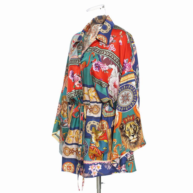 Printed Drawstring Waist Retro Adjustable Handsome Retro Collared Loose Shirt  for Women - Image 2
