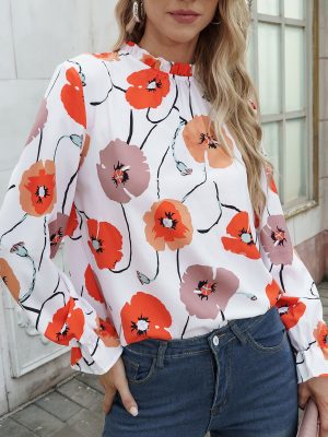 Women Clothing Spring Autumn Long Sleeve Top Floral Print Shirt