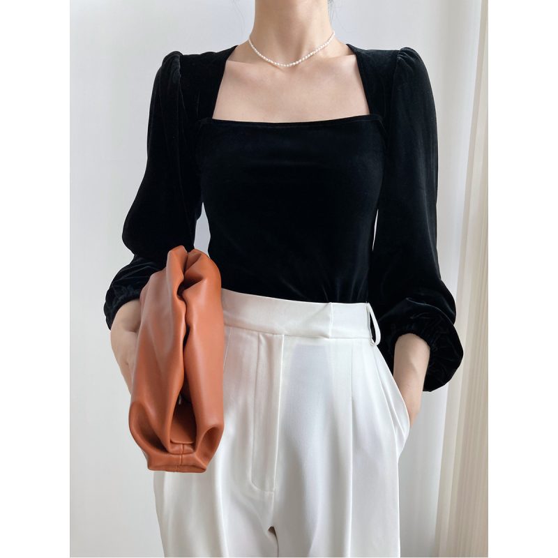 Black Pleuche Square Collar Small Shirt Women Autumn Young Puff Sleeve Shirt off-Shoulder Top - Image 4