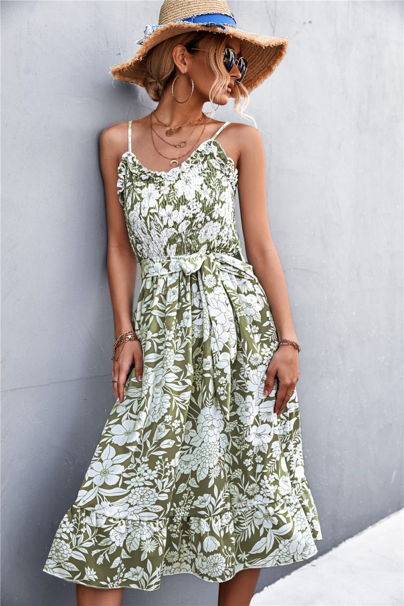 Spring Summer Ruffled Strap Printing Smocking Strap Dress - Image 3
