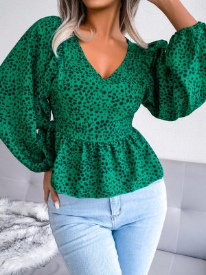 Lantern Long Sleeve Casual Leopard Print Chiffon Shirt Top Women Clothing Spring Summer